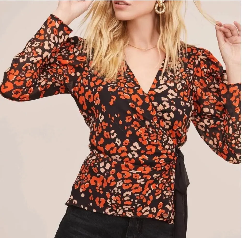 ASTR The Label Lissa Leopard Wrap Top XS Puff Sleeve Orange Black Tie Side